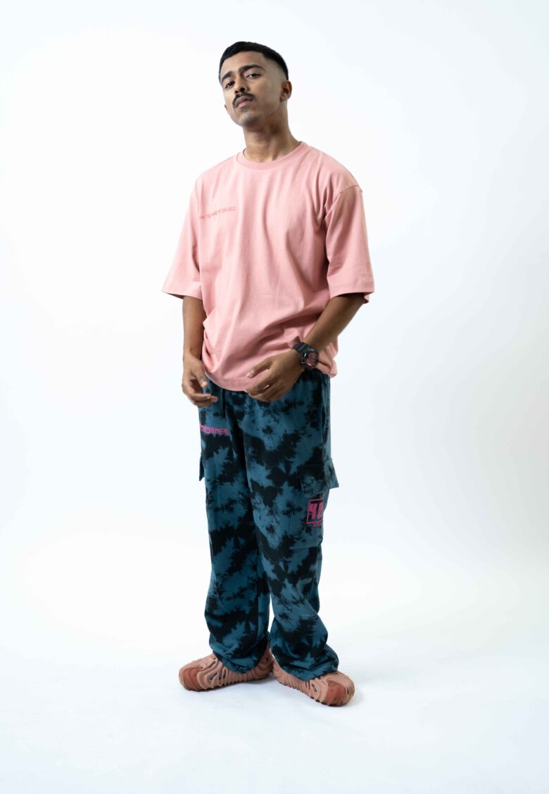 steel blue and black baggy cargo trousers