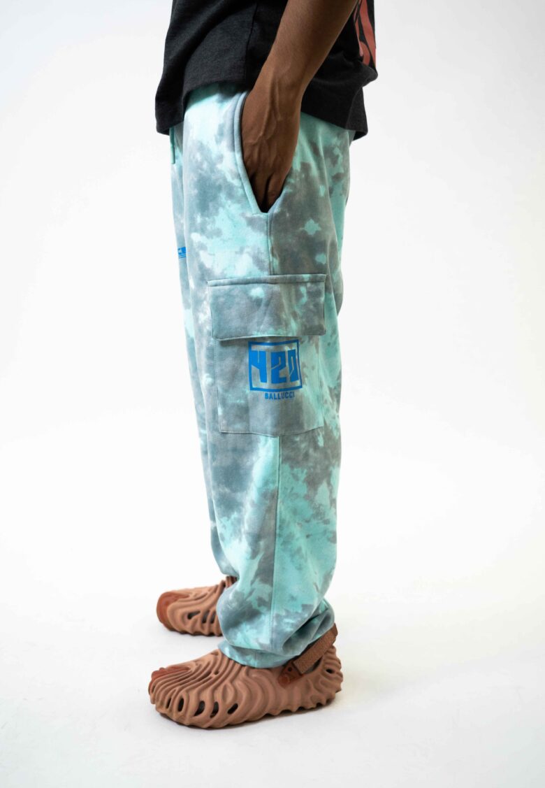 Turquoise blue and gray baggy cargo trousers